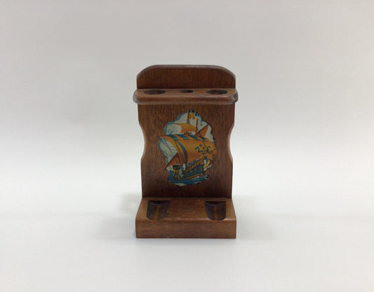 Small Wooden Pipe Stand with Spanish Galleon Decal Motif Vintage Tobacciana Home Decor