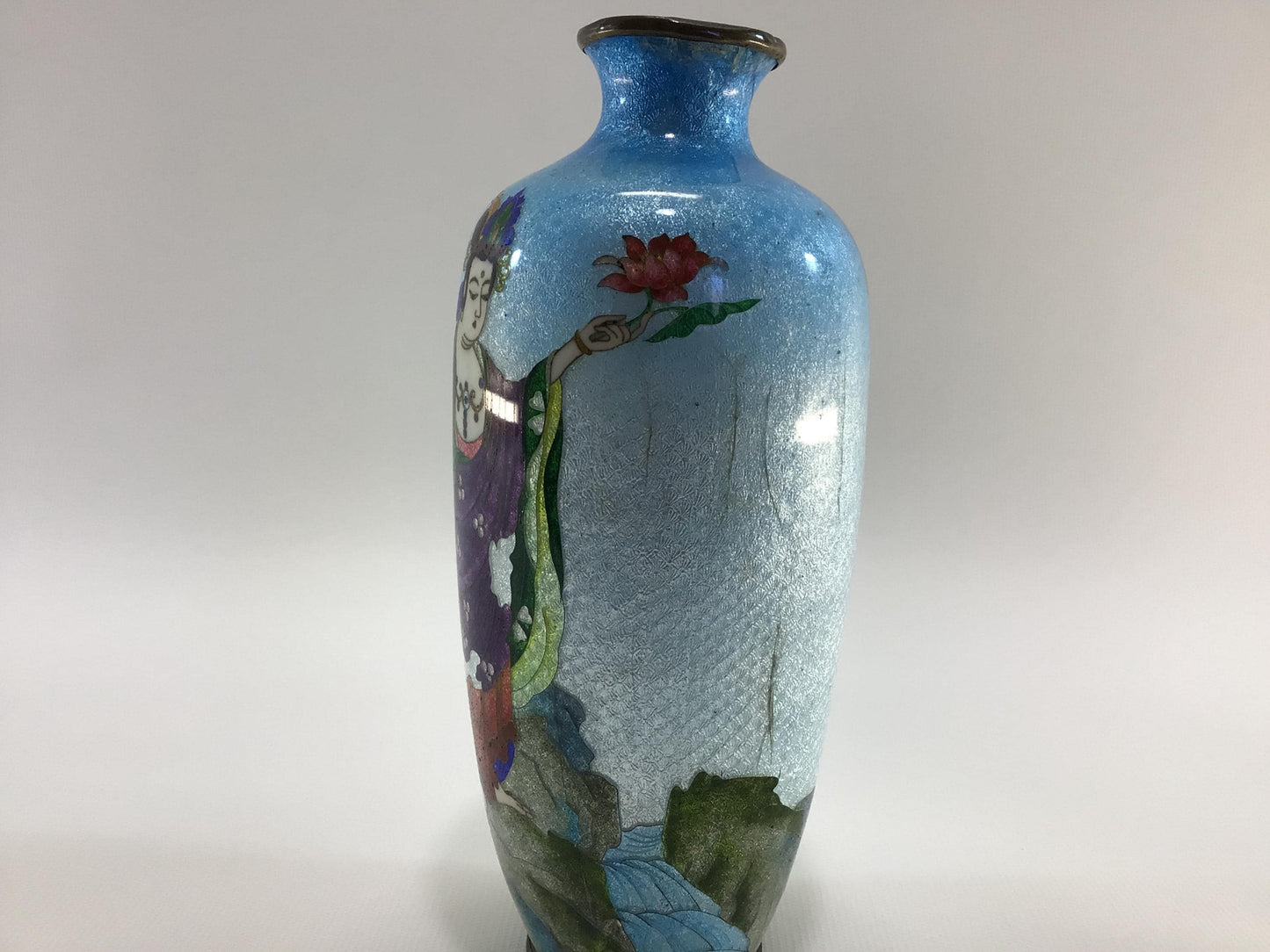 Antique Hand Painted 7" Cloisonne  Brass Bud Vase