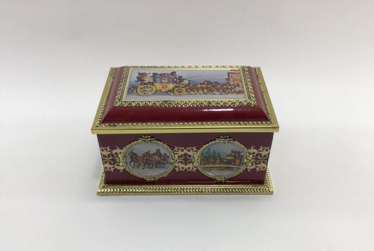 Vintage Christmas Biscuit Candy Tin Holiday Decor Hinged Storage Container Riding Through the Snow