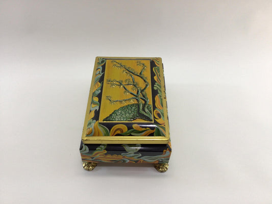 Asian Motif Tin Lithograph Footed Gift Box Toffee Candy Storage Container Vintage Home Decor