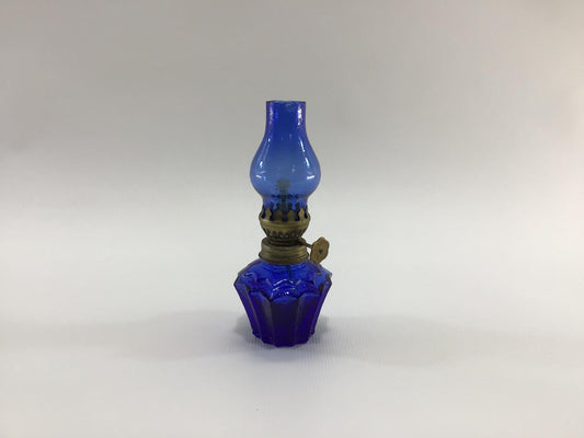 Vintage Miniature 4" Oil Lamp Faceted Cobalt Blue Glass Base Made in Hong Kong