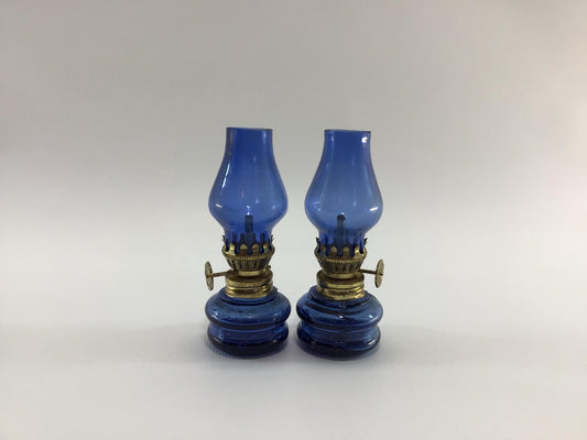 Pair of Miniature 4" Blue Glass Oil Lamps Vintage Home Decor Kitsch