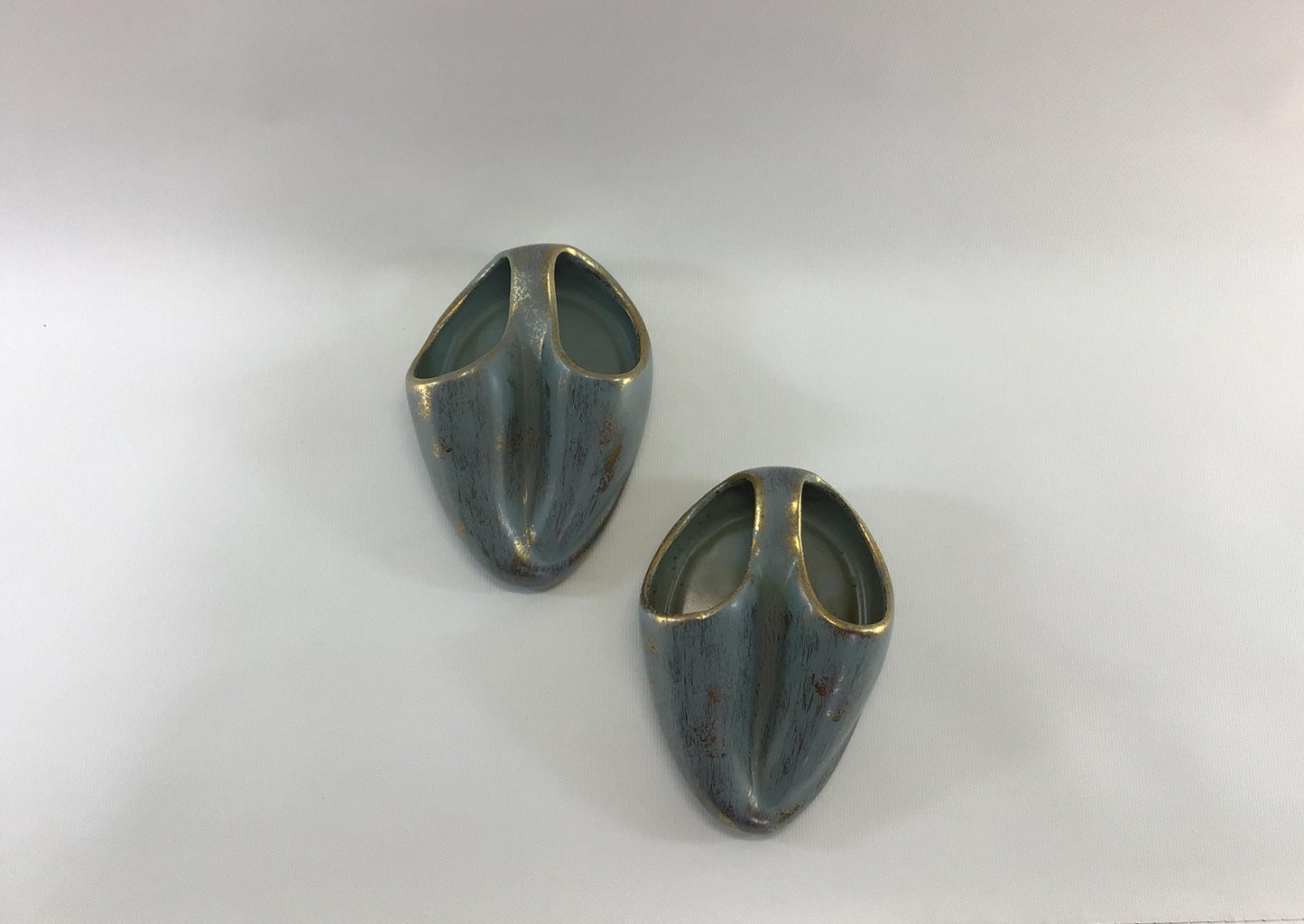Mid Century Ceramic Wall Pocket Set Home Wall Decor Blue with Gold Gilt Double Opening Vase No 729