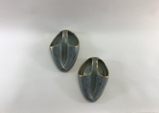 Mid Century Ceramic Wall Pocket Set Home Wall Decor Blue with Gold Gilt Double Opening Vase No 729