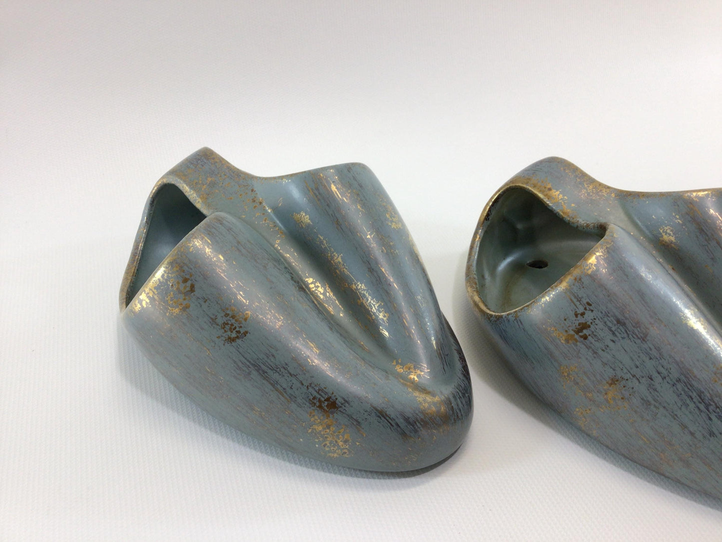 Mid Century Ceramic Wall Pocket Set Home Wall Decor Blue with Gold Gilt Double Opening Vase No 729