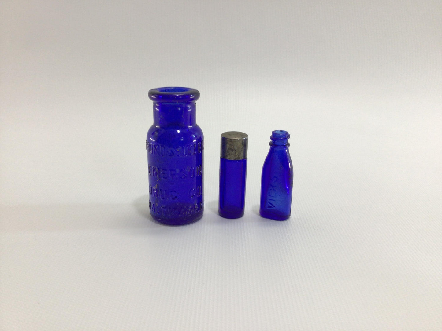 Cobalt Blue Glass Miniature Antique Bottles Bromo-Seltzer Vick's Drops and Metal Screw Top
