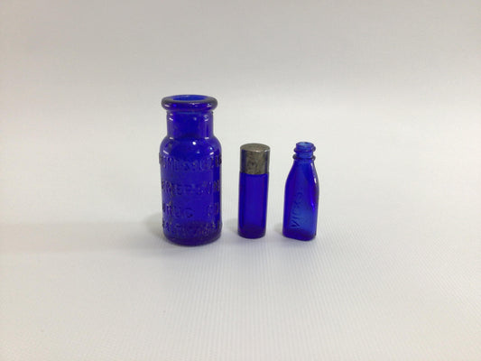 Cobalt Blue Glass Miniature Antique Bottles Bromo-Seltzer Vick's Drops and Metal Screw Top