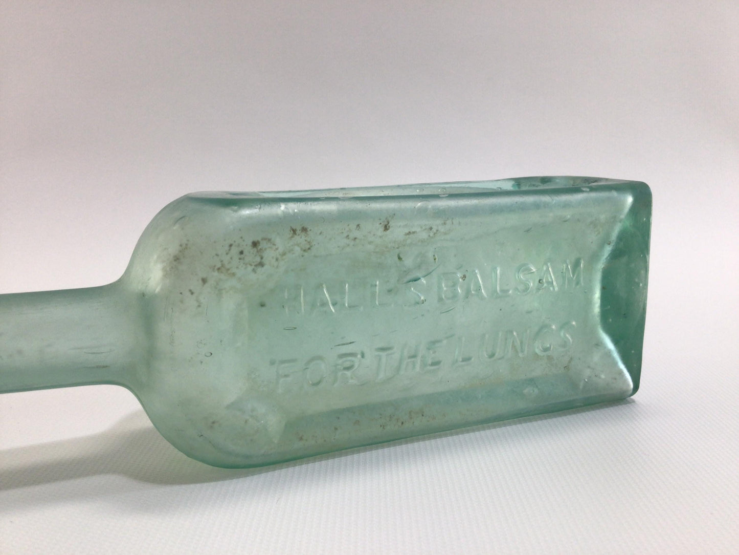 Antique Home Remedies Bottle Hall's Balsam Applied Top Aqua Green Glass