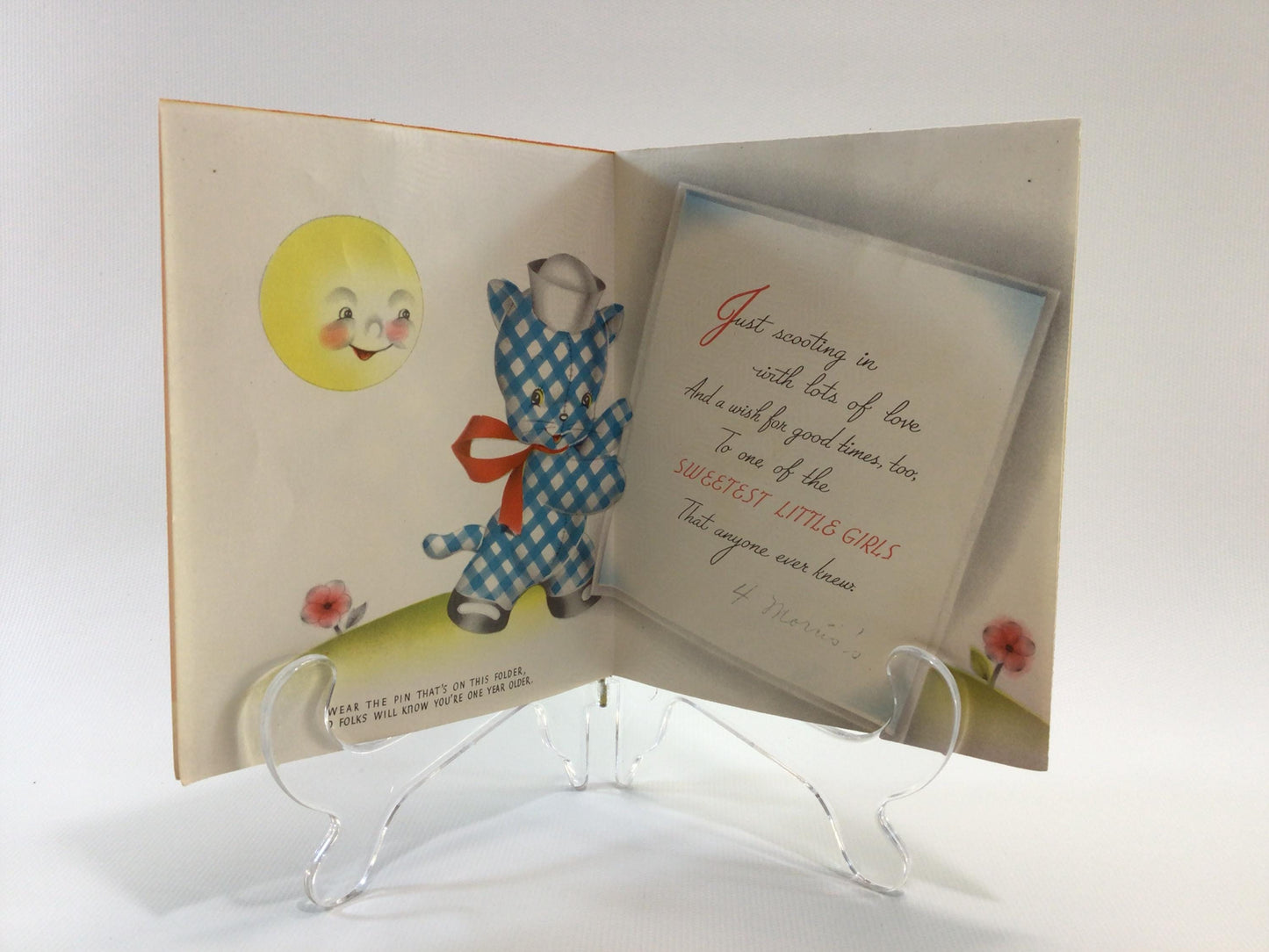 Vintage Girls Birthday Card with Pinback Button Forget Me Not Greetings Mid Century Holiday Ephemera