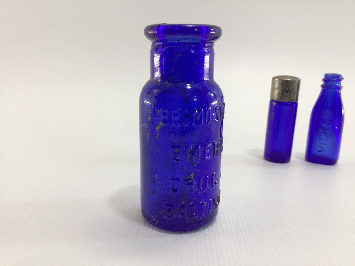 Cobalt Blue Glass Miniature Antique Bottles Bromo-Seltzer Vick's Drops and Metal Screw Top