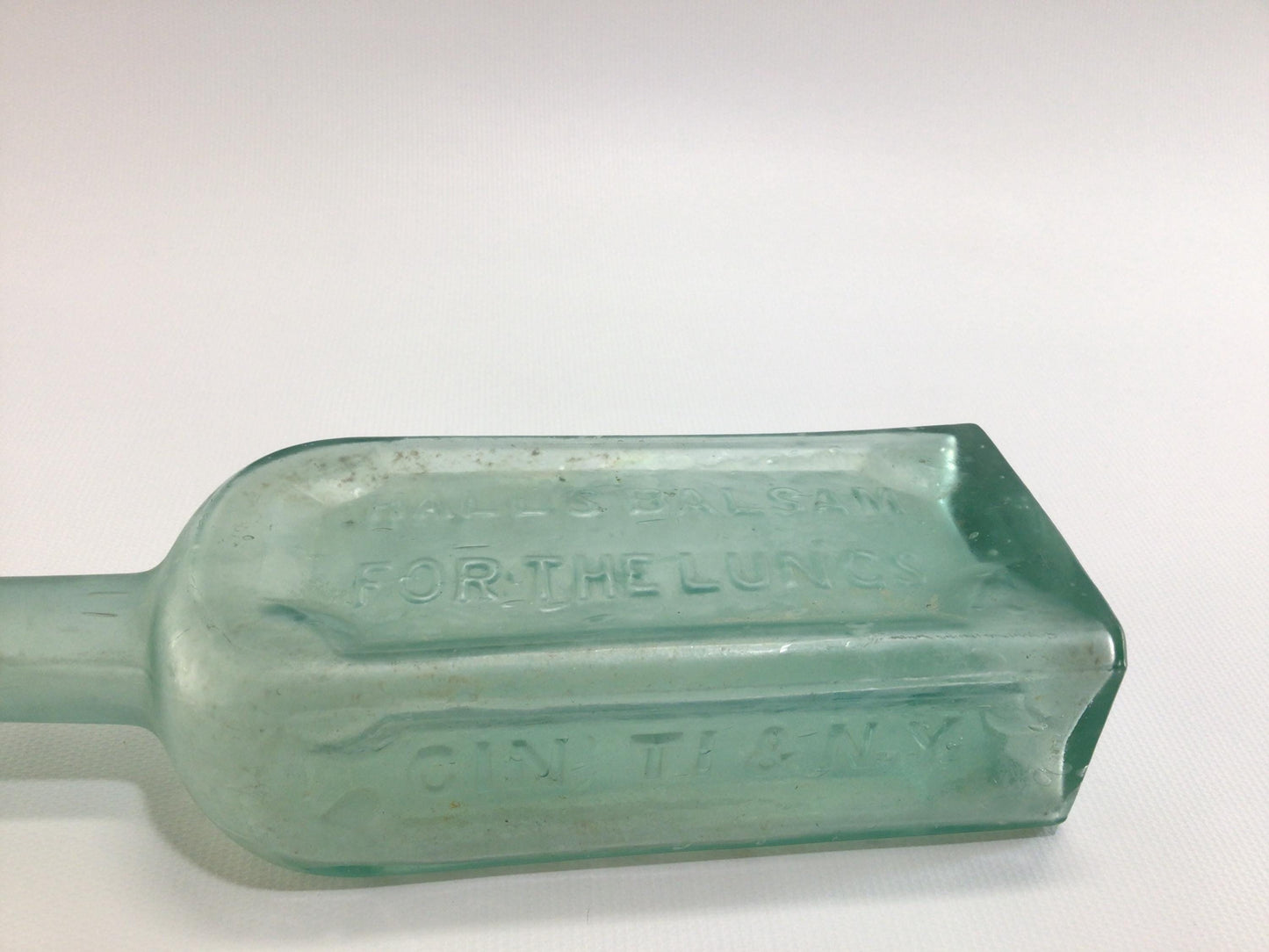 Antique Home Remedies Bottle Hall's Balsam Applied Top Aqua Green Glass