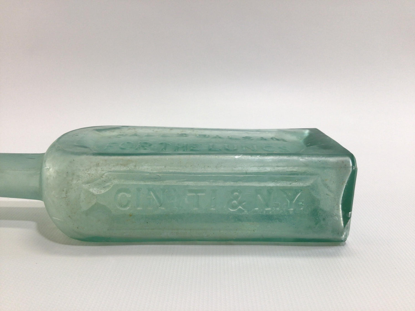 Antique Home Remedies Bottle Hall's Balsam Applied Top Aqua Green Glass