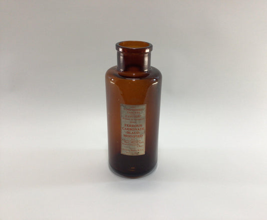 Antique Amber Glass Paper Label Apothecary Medicine Bottle