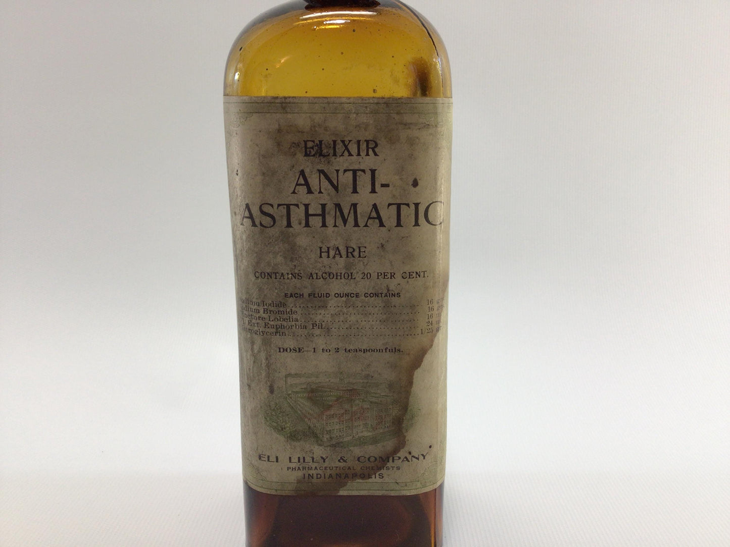 Antique Home Remedies Cork Top Paper Label Bottle Anti-Asthmatic Elixir Eli Lilly Company Indianapolis