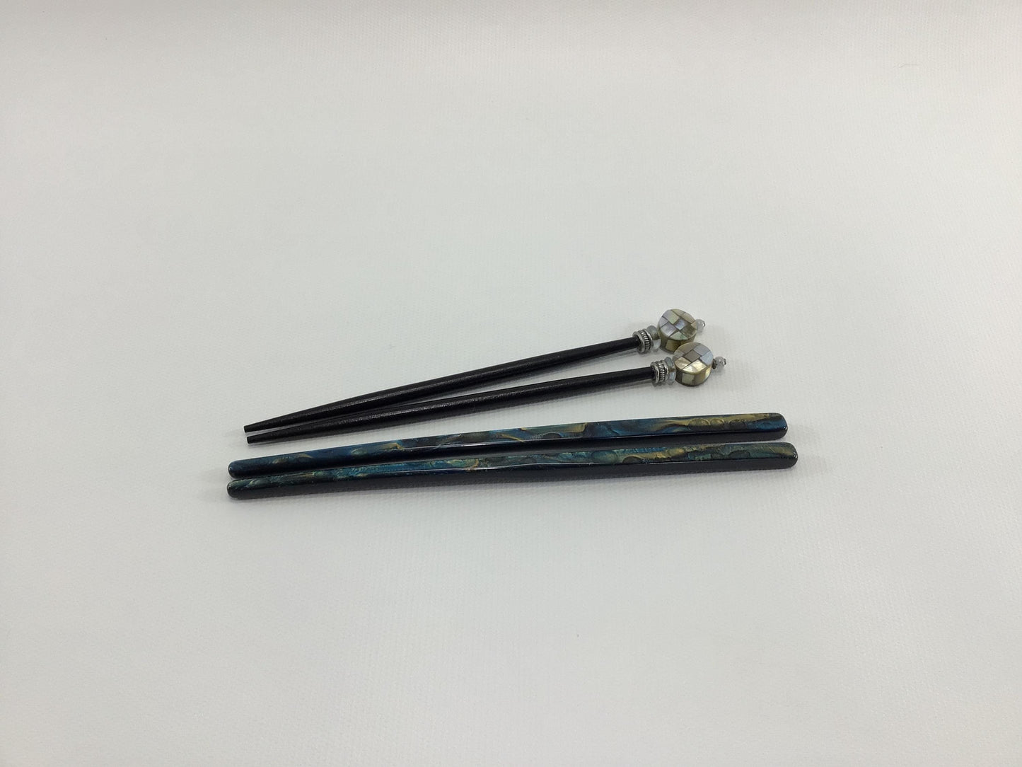 Chopstick Dining Utensils Vintage Blue Acrylic and Wooden Beaded Mother of Pearl