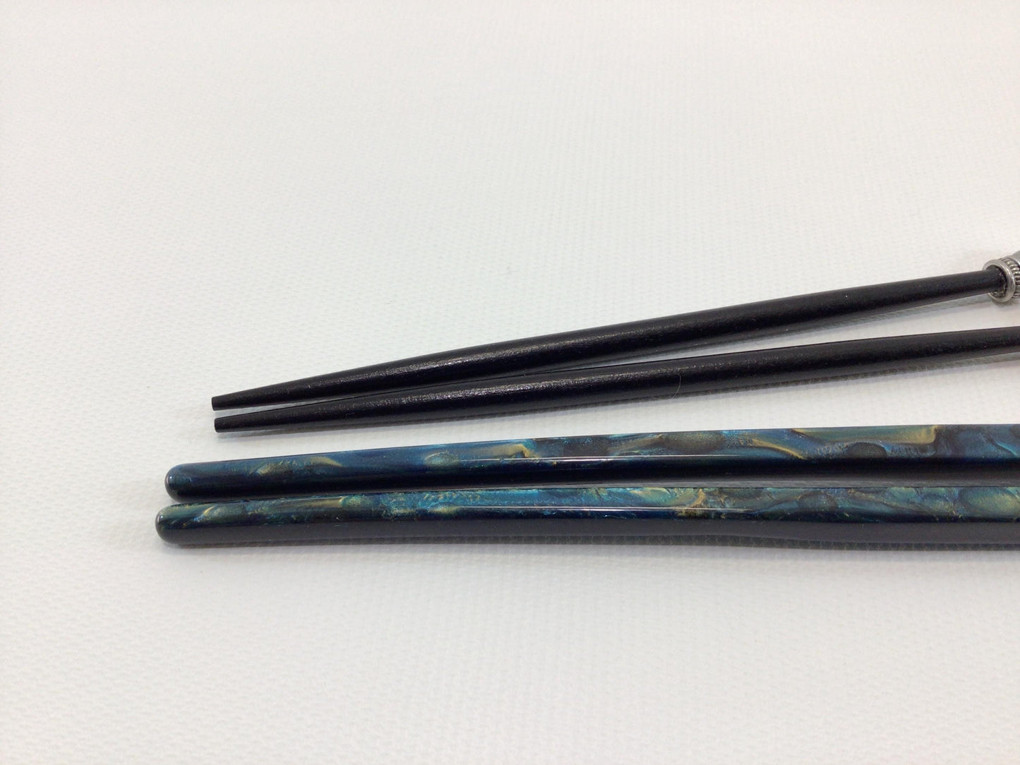 Chopstick Dining Utensils Vintage Blue Acrylic and Wooden Beaded Mother of Pearl