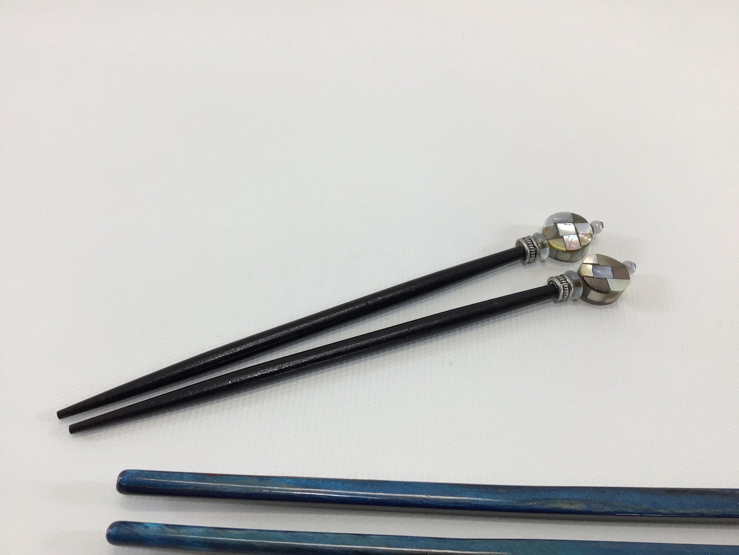 Chopstick Dining Utensils Vintage Blue Acrylic and Wooden Beaded Mother of Pearl