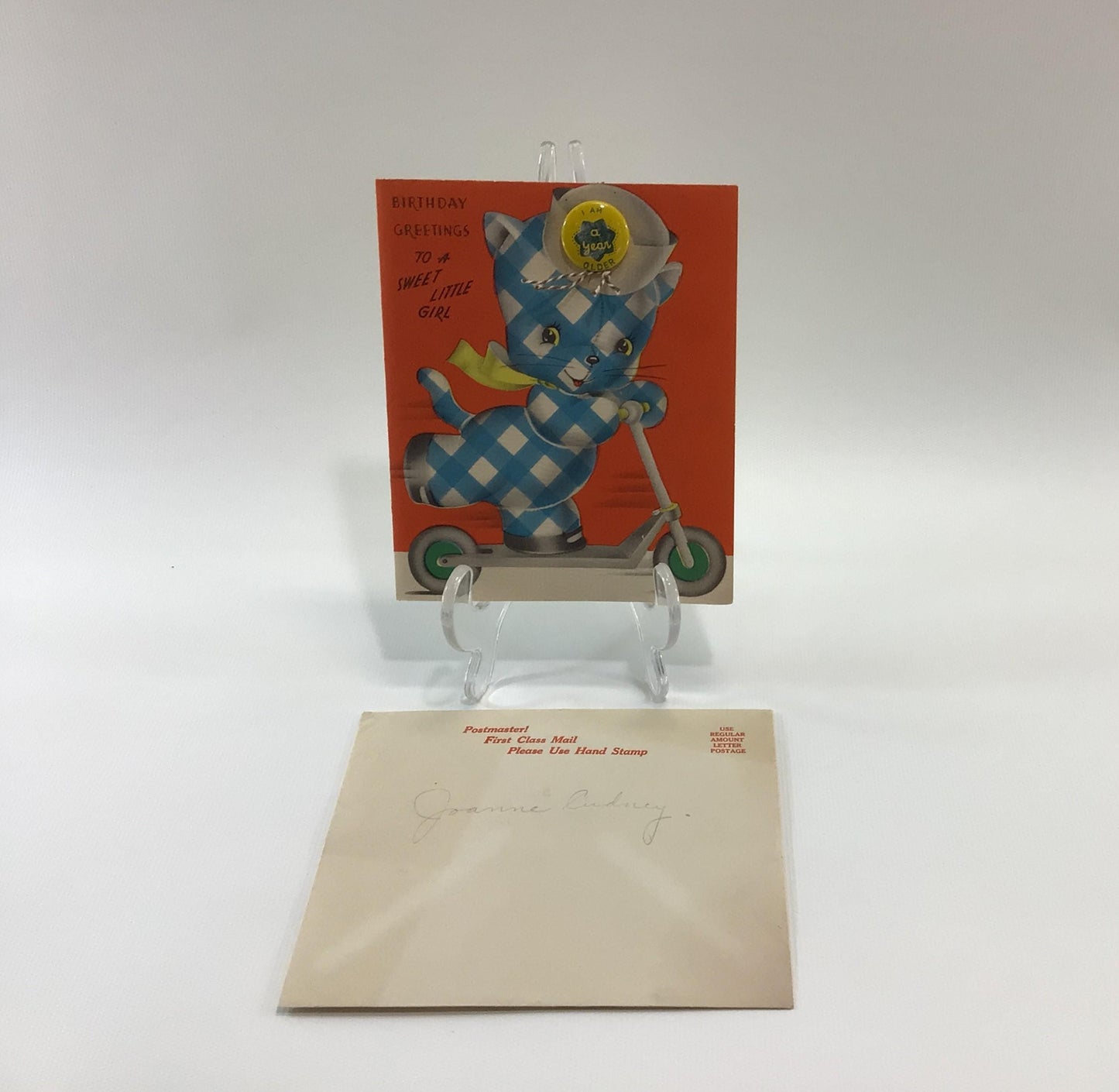 Vintage Girls Birthday Card with Pinback Button Forget Me Not Greetings Mid Century Holiday Ephemera