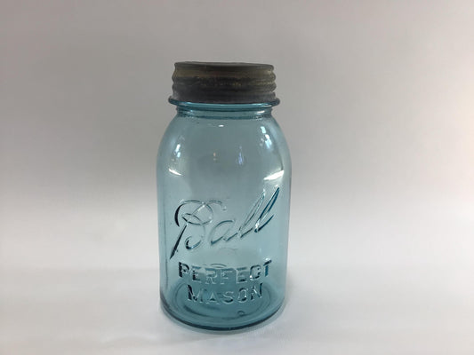 Vintage Blue Glass Ball Perfect Mason Jar One Quart #6 Trapped Air Bubbles with Zinc Lid