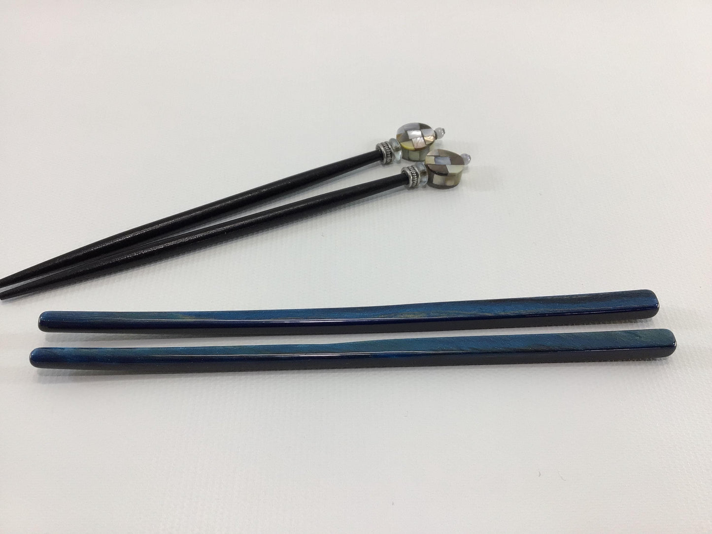 Chopstick Dining Utensils Vintage Blue Acrylic and Wooden Beaded Mother of Pearl