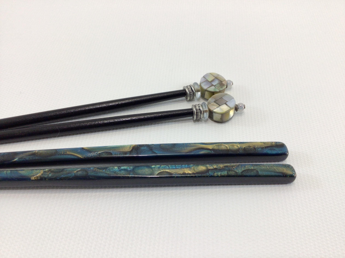 Chopstick Dining Utensils Vintage Blue Acrylic and Wooden Beaded Mother of Pearl