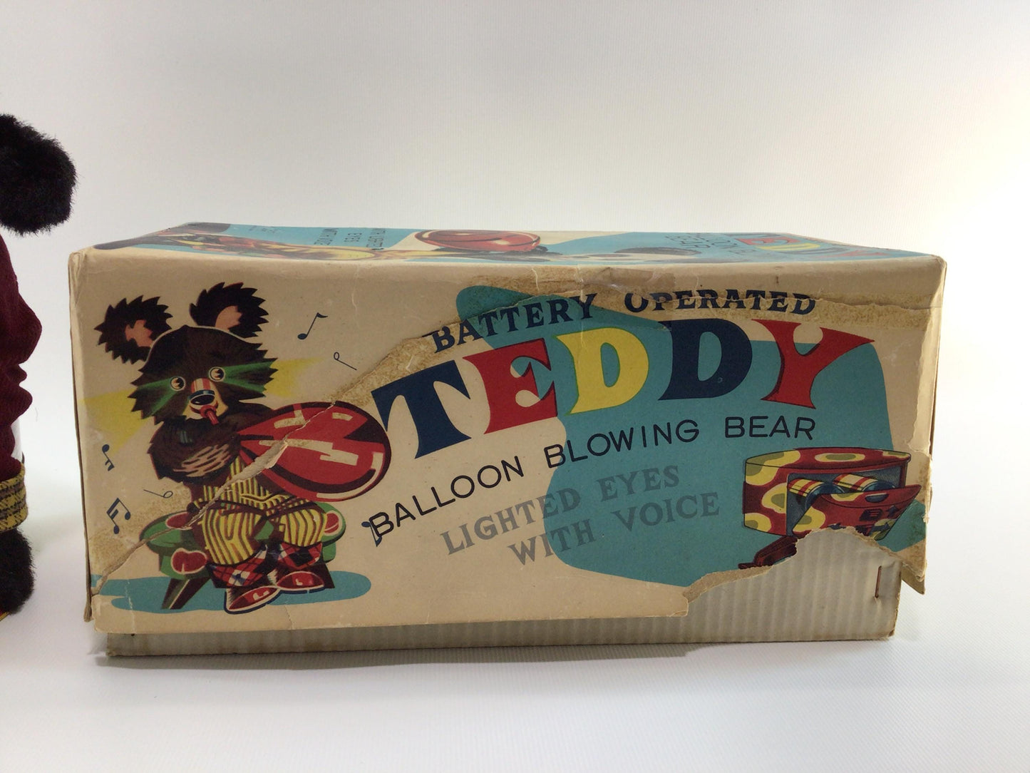 Alps Balloon Blowing Teddy Bear Vintage Made in Japan Battery Operated Tin Lithograph and Mohair Toy