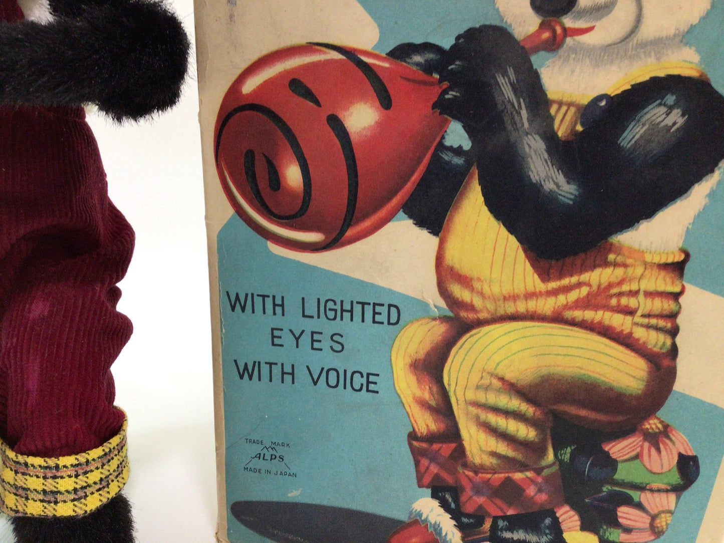 Alps Balloon Blowing Teddy Bear Vintage Made in Japan Battery Operated Tin Lithograph and Mohair Toy