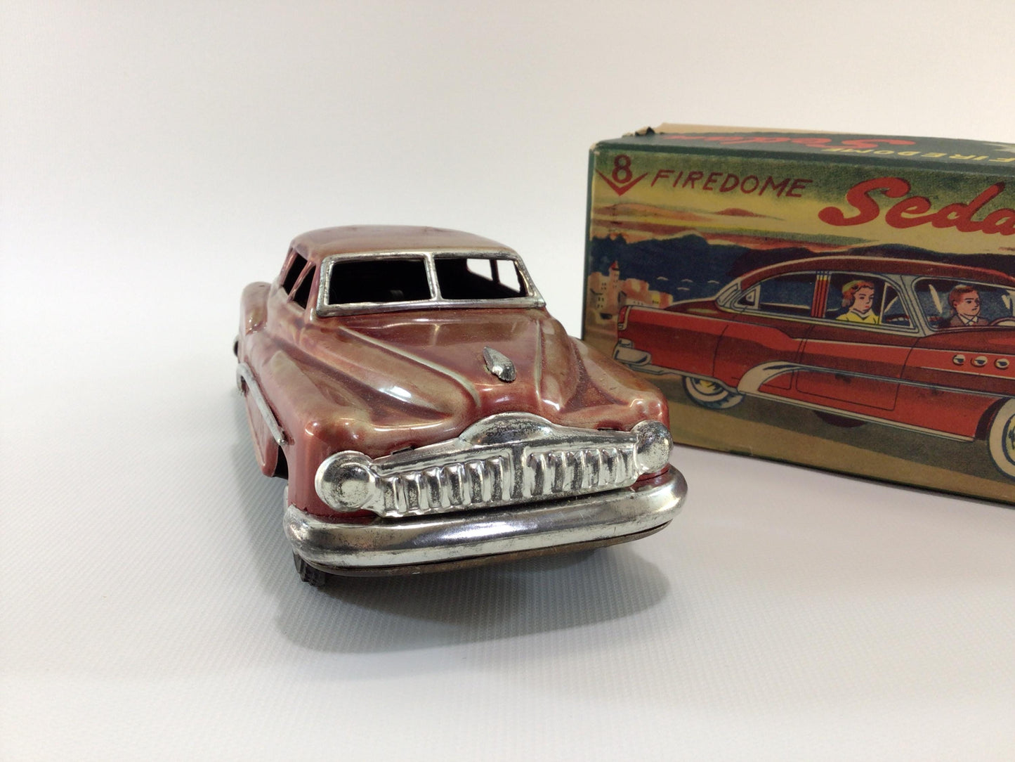 Vintage Tin Lithograph Toy Friction Car V8 Firedome Sedan Daiya Made in Japan