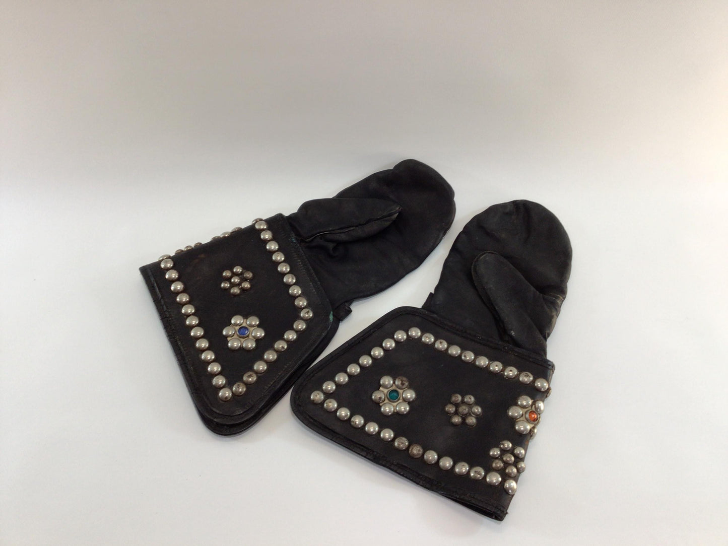 Vintage Black Leather Motorcycle Mitten Gloves Studded with Rhinestones