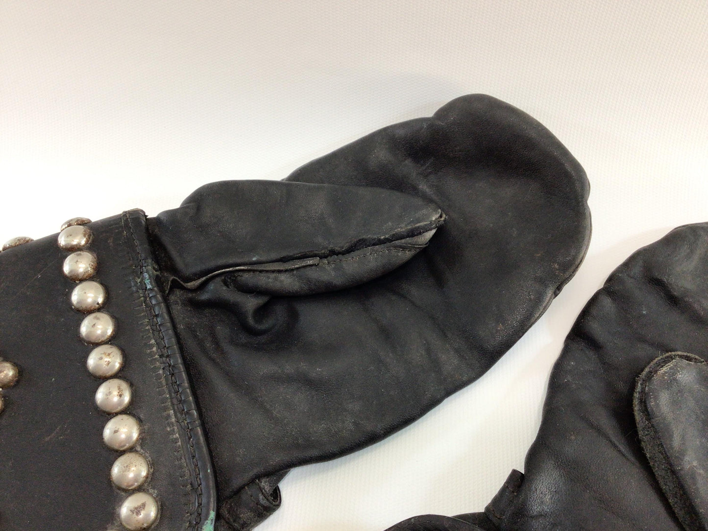 Vintage Black Leather Motorcycle Mitten Gloves Studded with Rhinestones