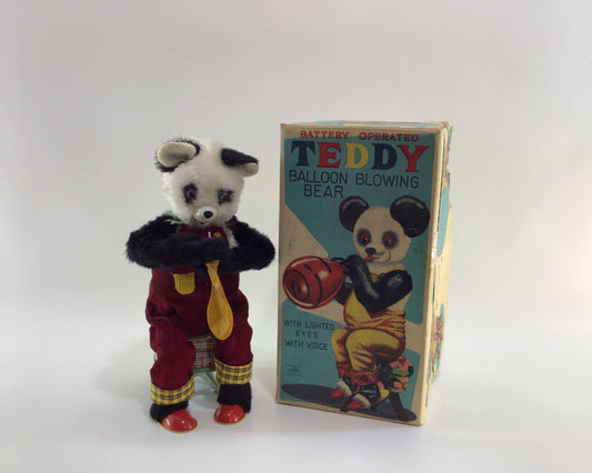 Alps Balloon Blowing Teddy Bear Vintage Made in Japan Battery Operated Tin Lithograph and Mohair Toy