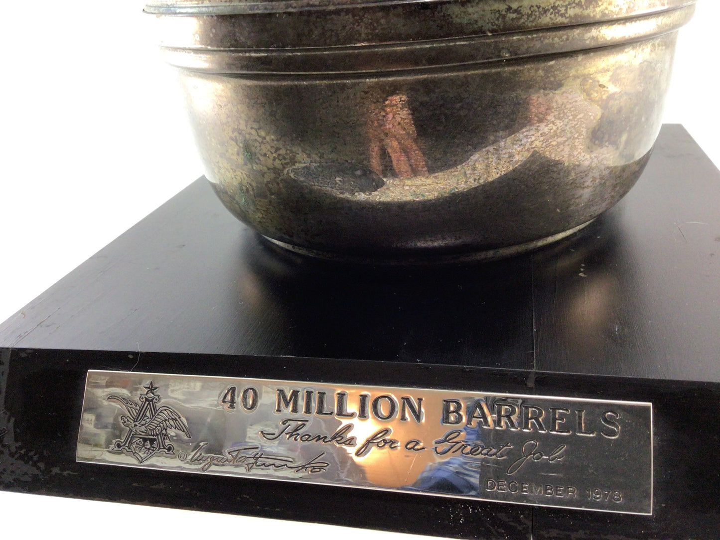 Anheuser Busch Beer 40 Million Barrels 1978 Thank You Award Hardwood Base and Heavy Gauge Steel Vintage Bar Display Advertising