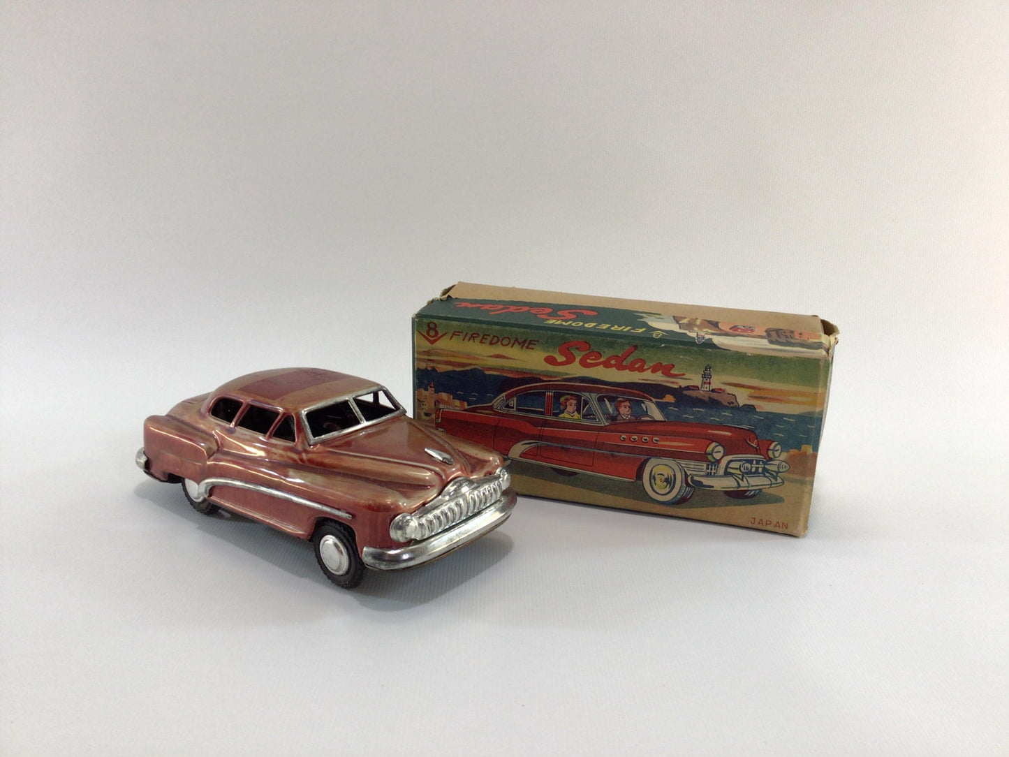Vintage Tin Lithograph Toy Friction Car V8 Firedome Sedan Daiya Made in Japan