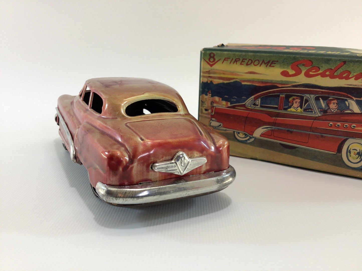 Vintage Tin Lithograph Toy Friction Car V8 Firedome Sedan Daiya Made in Japan