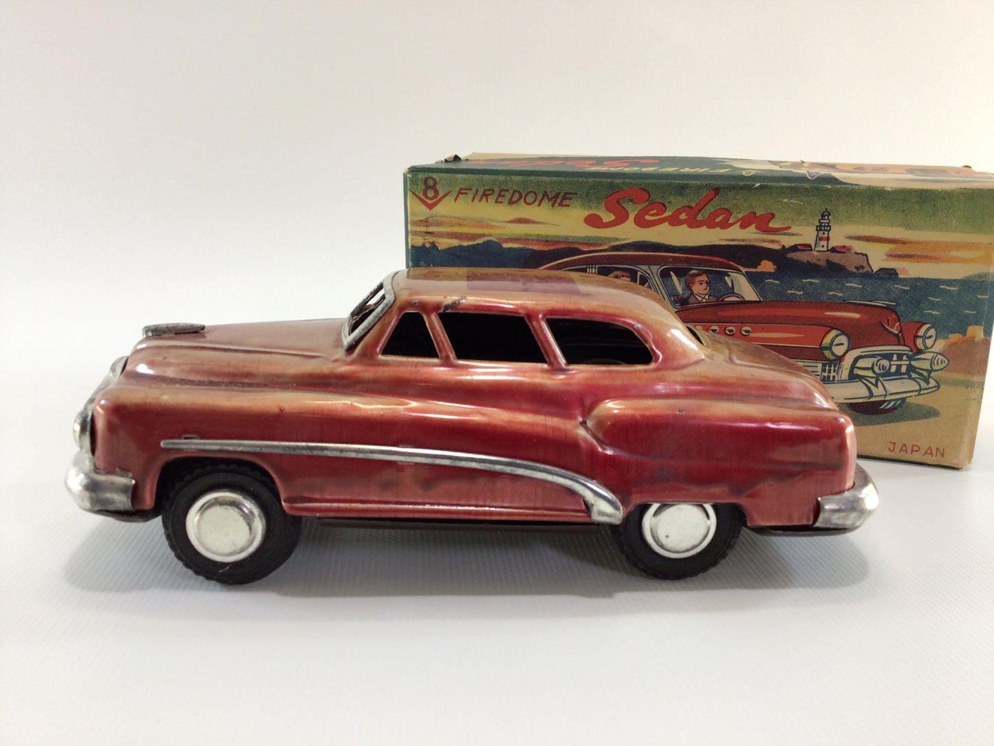 Vintage Tin Lithograph Toy Friction Car V8 Firedome Sedan Daiya Made in Japan