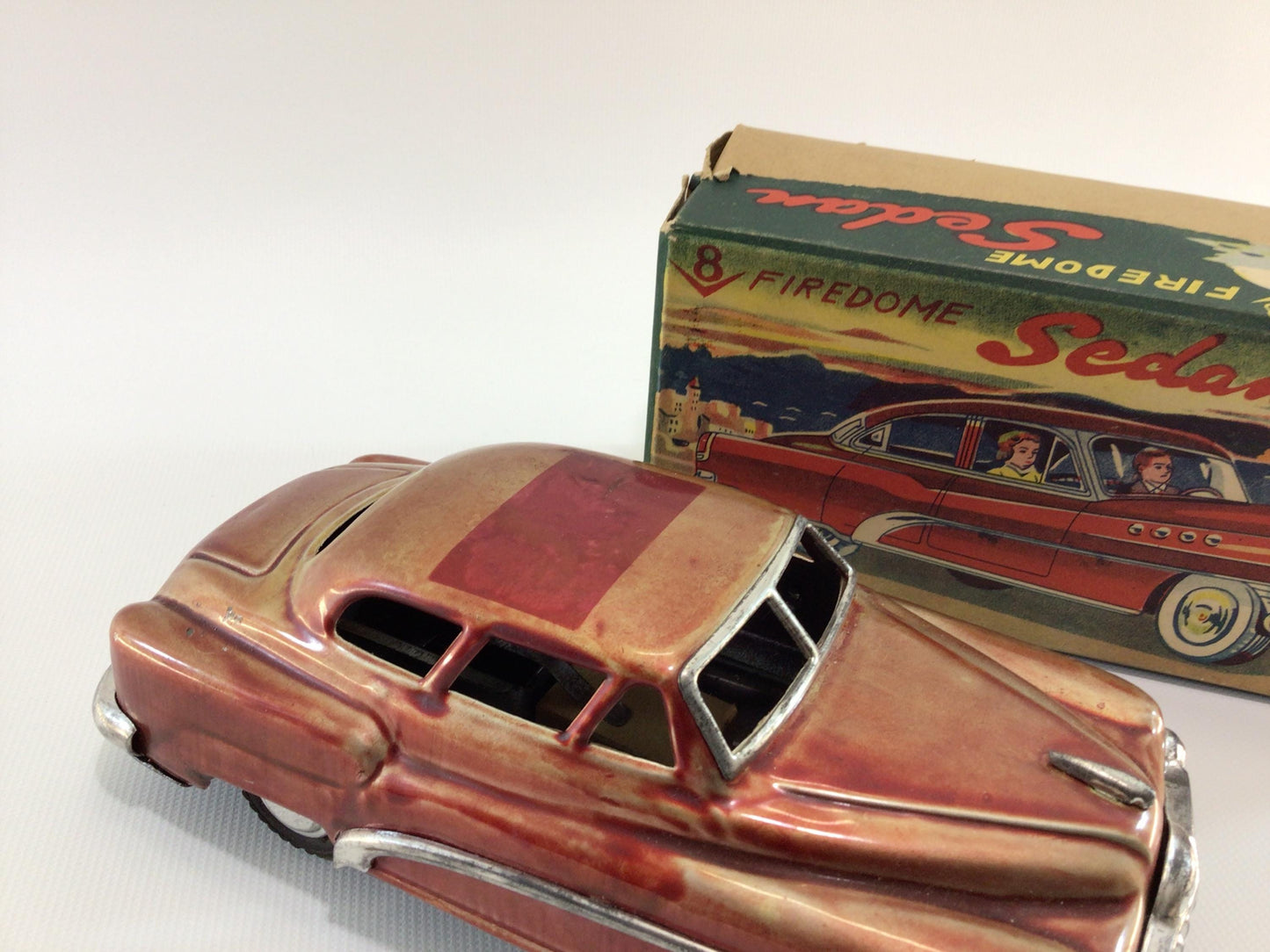 Vintage Tin Lithograph Toy Friction Car V8 Firedome Sedan Daiya Made in Japan