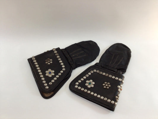 Vintage Black Leather Motorcycle Mitten Gloves Studded with Rhinestones