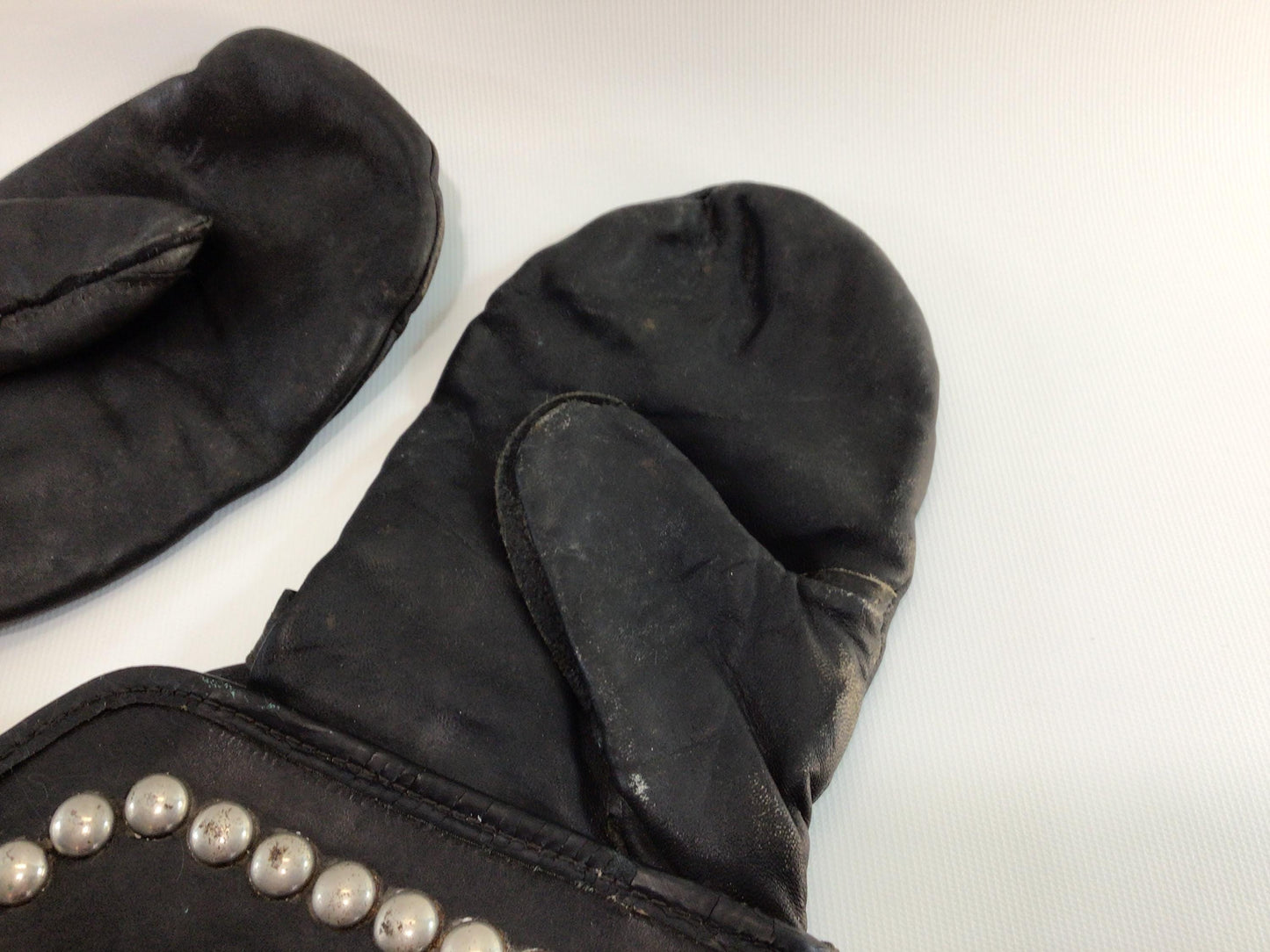 Vintage Black Leather Motorcycle Mitten Gloves Studded with Rhinestones