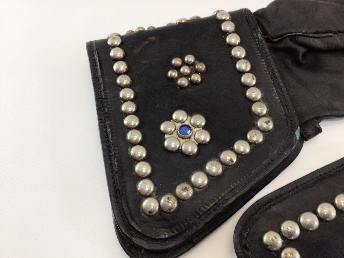 Vintage Black Leather Motorcycle Mitten Gloves Studded with Rhinestones