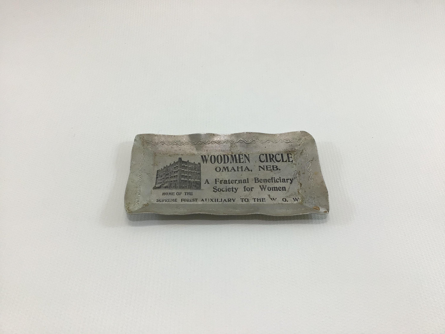 Vintage Advertising Miniature Aluminum Trinket Dish Woodmen Circle Omaha Nebraska