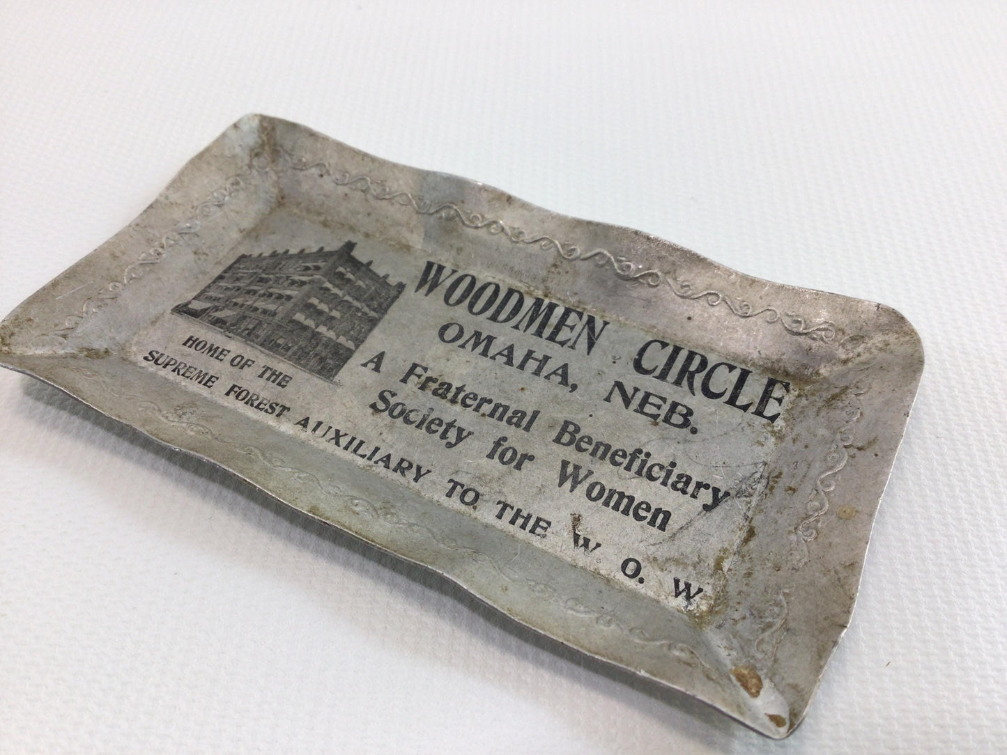 Vintage Advertising Miniature Aluminum Trinket Dish Woodmen Circle Omaha Nebraska