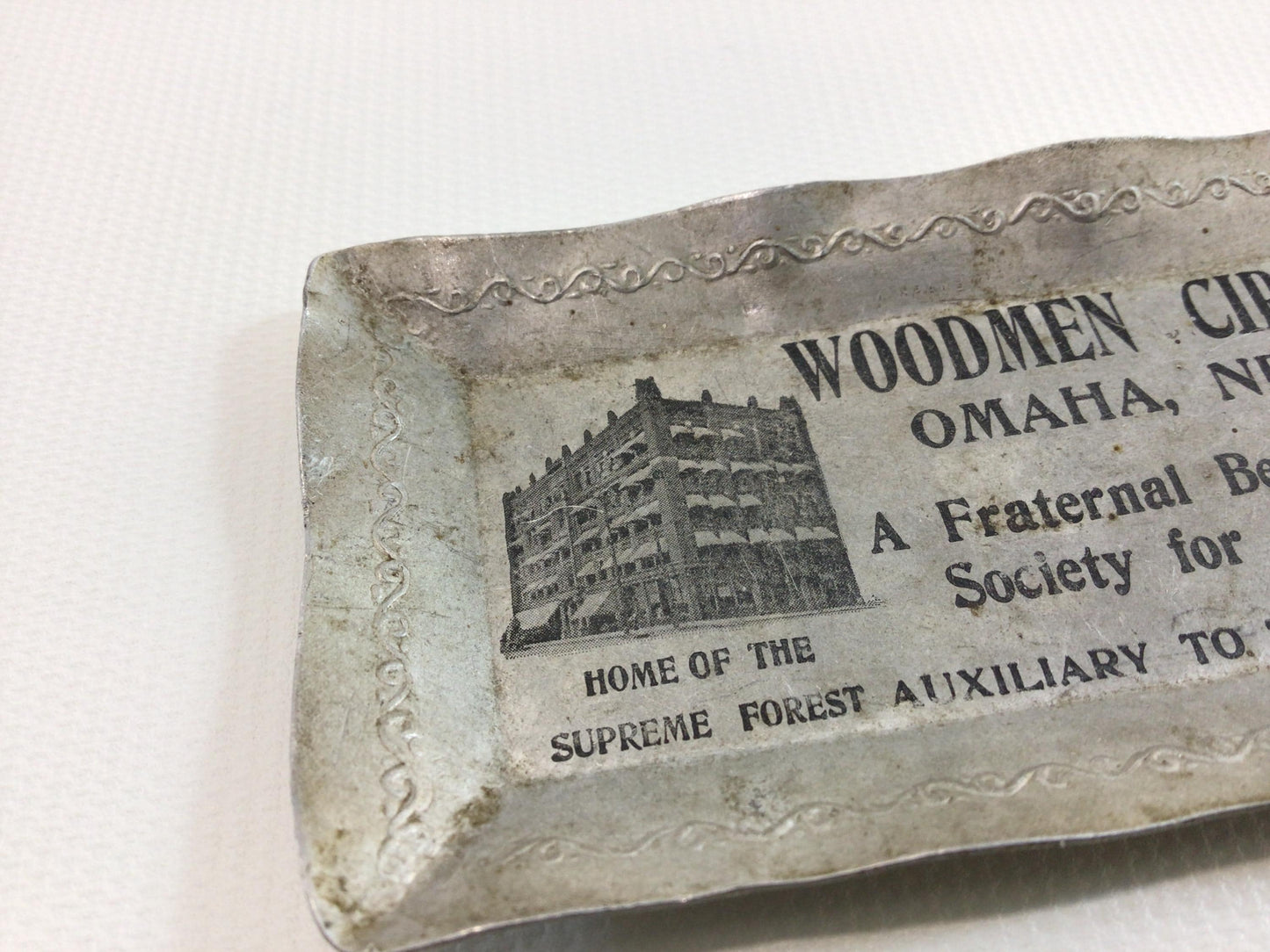 Vintage Advertising Miniature Aluminum Trinket Dish Woodmen Circle Omaha Nebraska