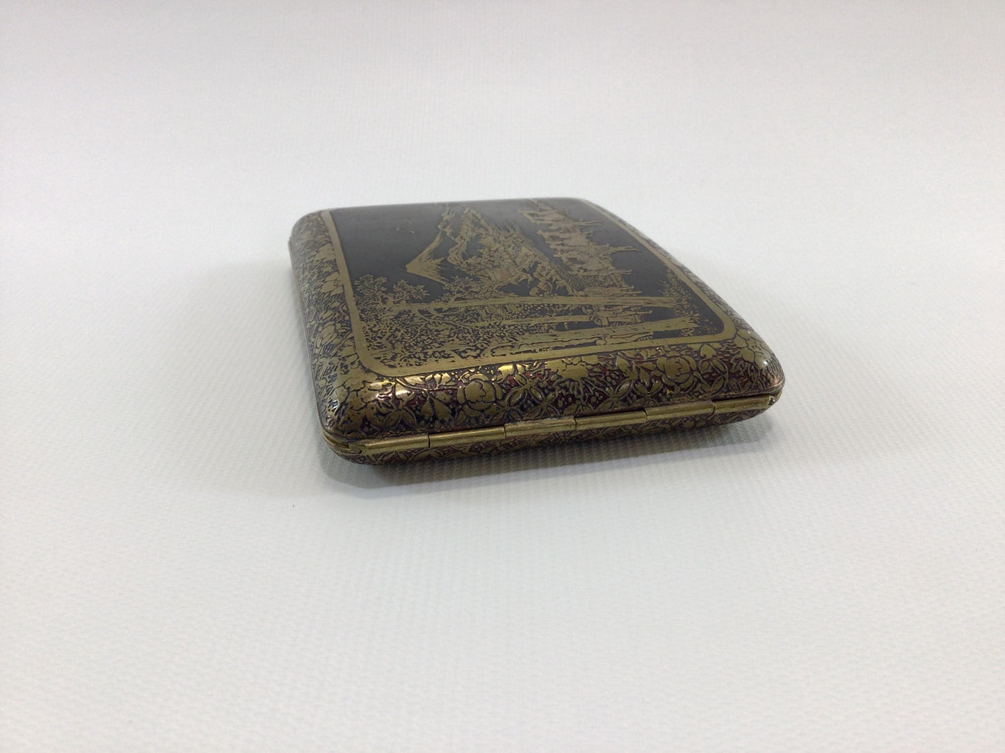 Mid Century Cigarette Case Damascene Mt Fuji Motif Quality Made Vintage Tobacciana Collectible
