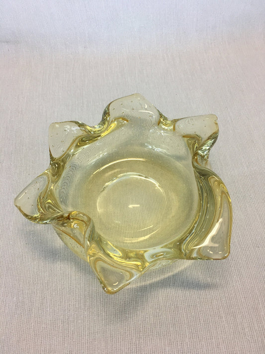 Candy Trinket Dish Handmade Art Glass Bowl Italian Murano Style Controlled Bubble Yellow Gold Mid Century Modern MCM Decor