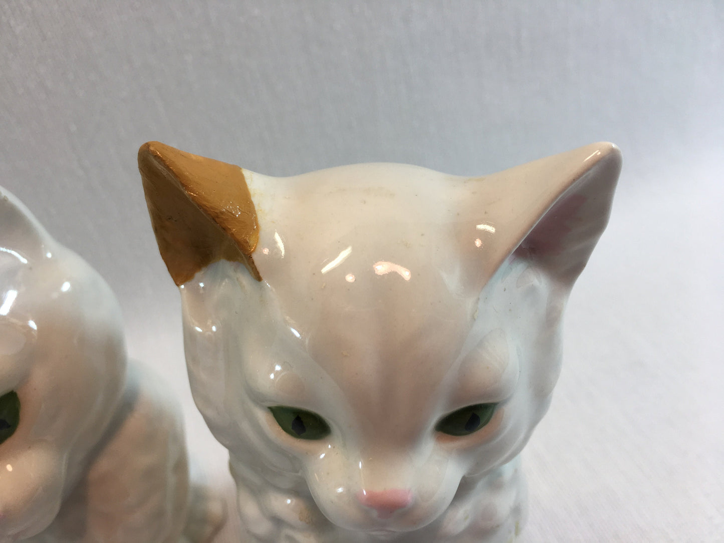 Vintage Ceramic Kittens Hand Painted White and Gold with Green Eyes Home Crafted Glazed Cats