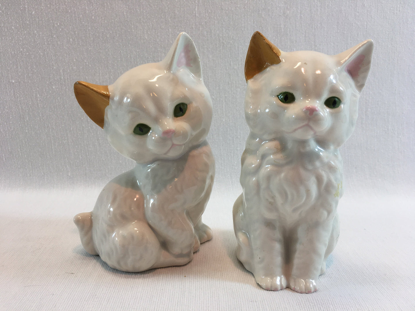 Vintage Ceramic Kittens Hand Painted White and Gold with Green Eyes Home Crafted Glazed Cats