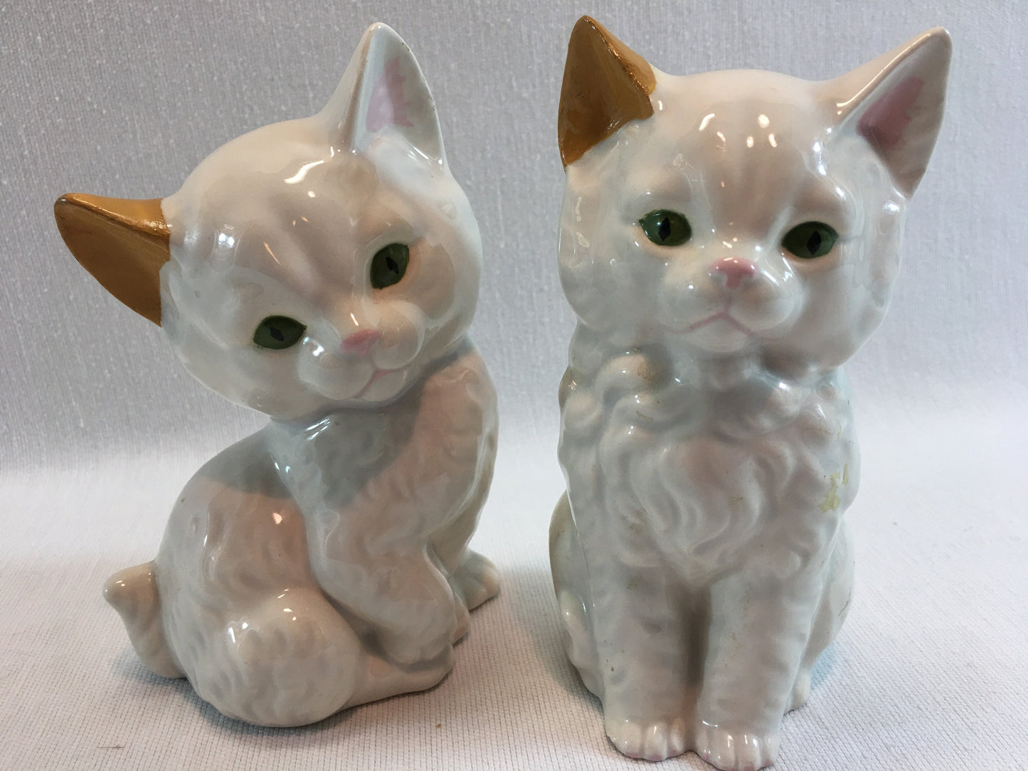 Vintage Ceramic Kittens Hand Painted White and Gold with Green Eyes Home Crafted Glazed Cats