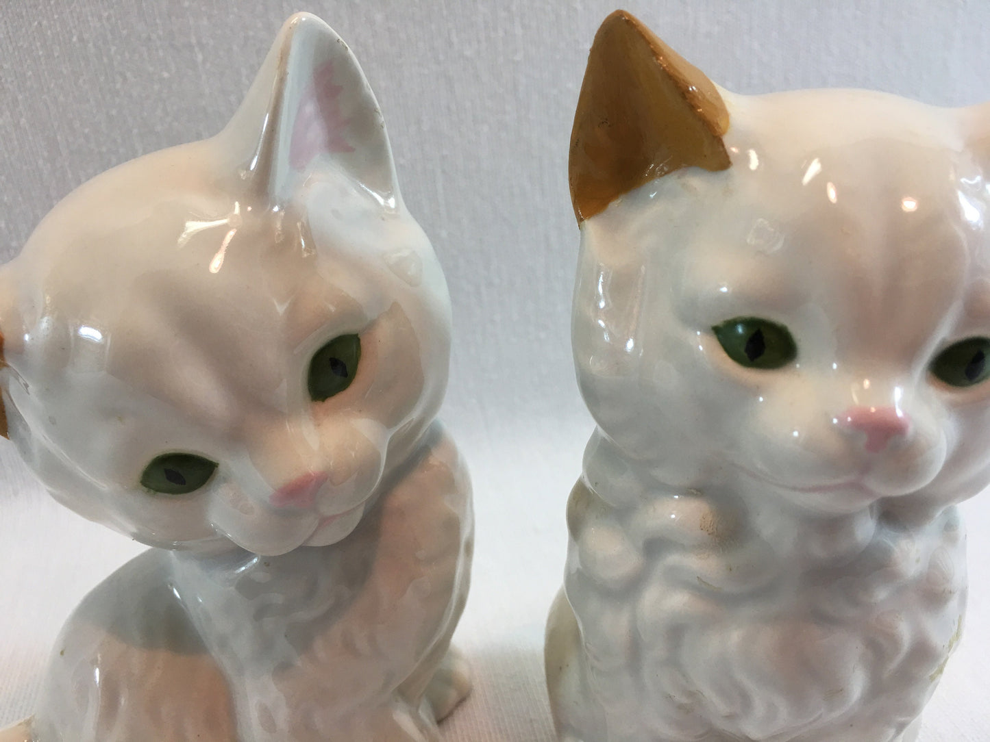 Vintage Ceramic Kittens Hand Painted White and Gold with Green Eyes Home Crafted Glazed Cats