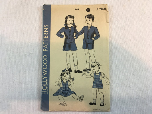 Vintage Hollywood Sewing Pattern No. 749, 1920's Brother and Sister Suit Size 4 years