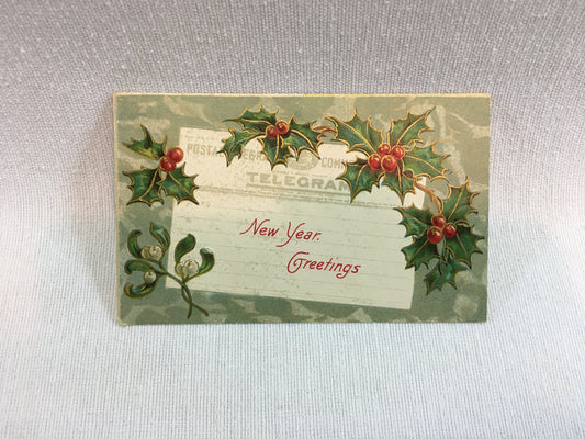 Antique New Year Postcard Embossed Telegram and Holly